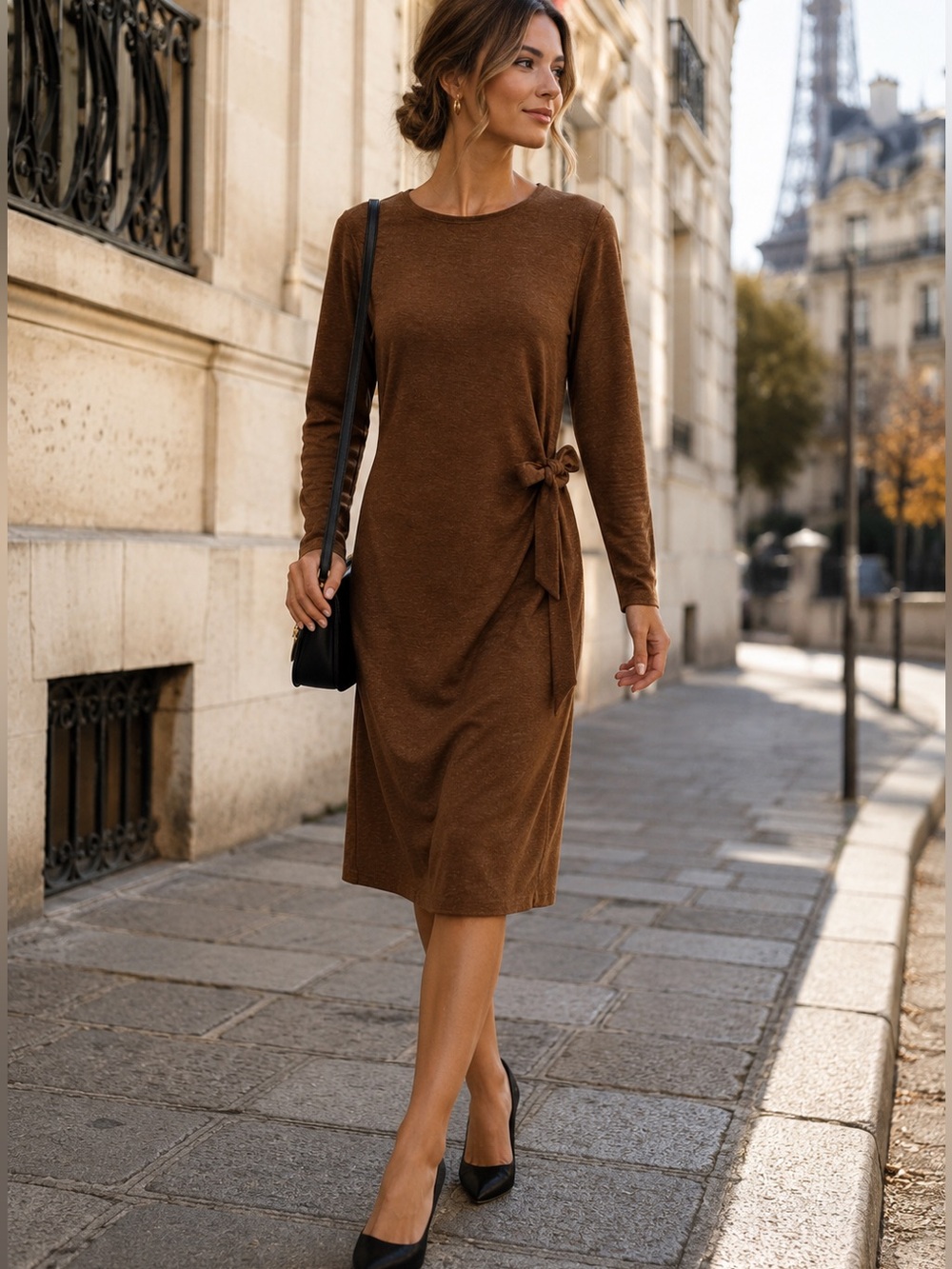 MNG by Mango Brown Tie-Waist Dress – Long Sleeve – Size L / US 8